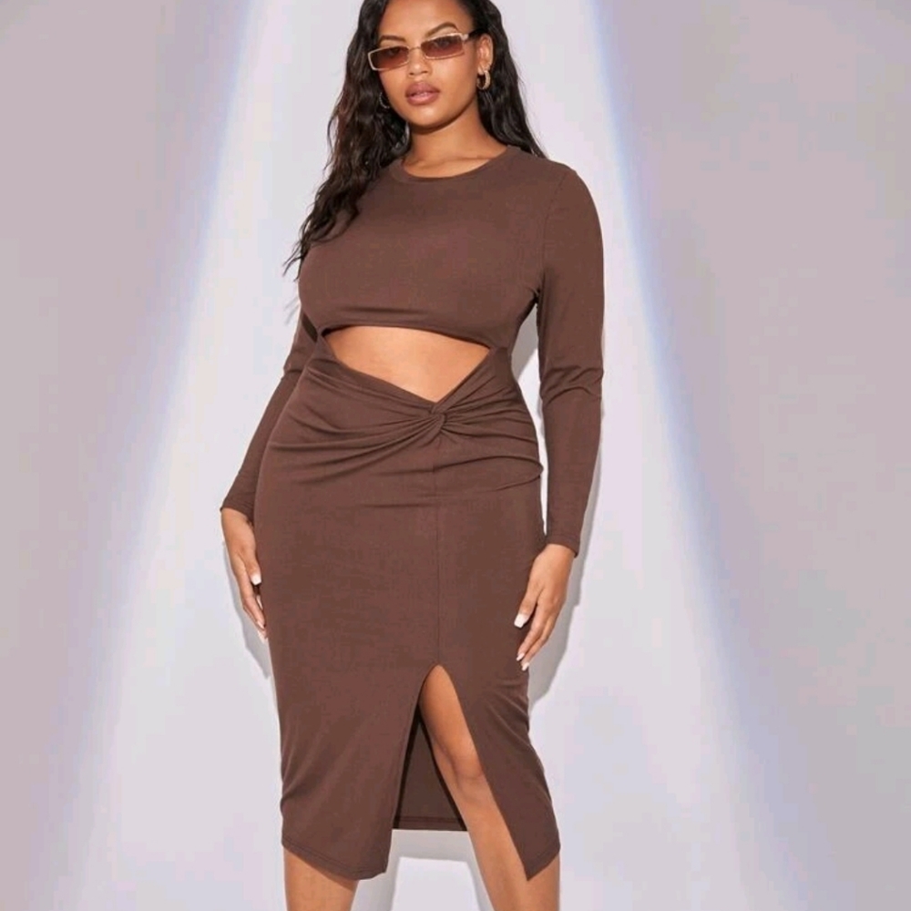 SHEIN 2XL Chocolate Brown Cut Out Twist Split Bodycon Dress